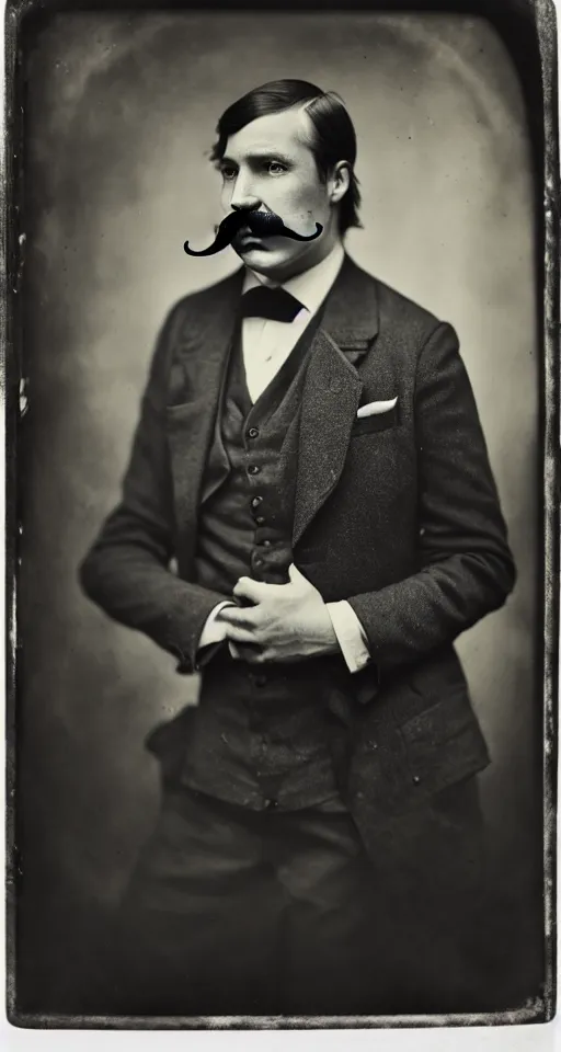 Image similar to a wet plate photograph, a portrait of a well dressed man with a walrus mustache