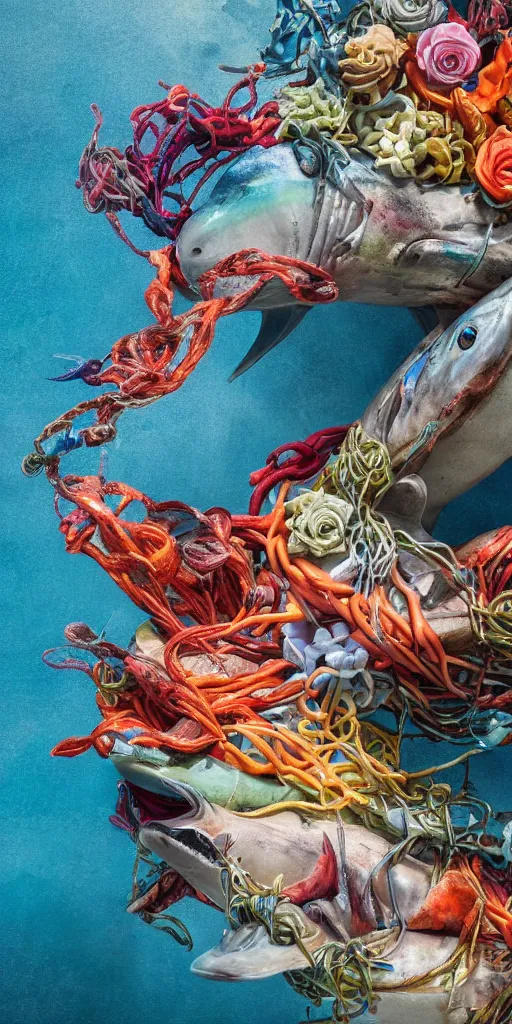 Prompt: closeup photograph of a surrealist sculpture fish intertwined, a lovely cornucopia of flowers and shark, ocean, paint pour, swirling paint, muted color palette, skin tones, highly detailed, octane render, cinematic, super resolution