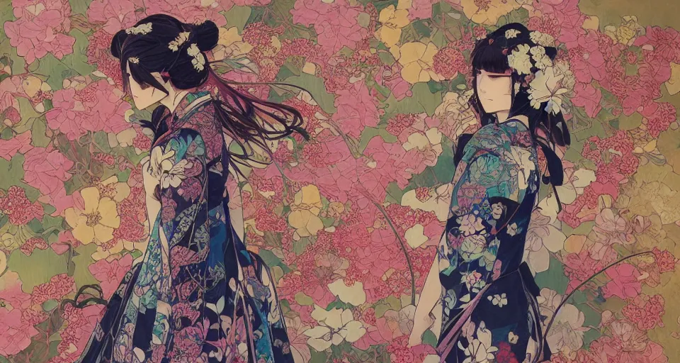 Image similar to oil painting, long shot, beautiful floralpunk japanese bio mechanical female illustration detailed patterns art of japan traditional dress, flower pop art, floral splash painting, art by ashley wood, alphonse mucha, makoto shinkai, geof darrow, dark shadow