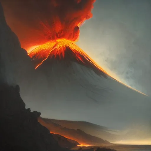 Image similar to still life painting of a staircase to an erupting volcano, by Greg Rutkowski, iceland landscape, dramatic lighting, epic, gargantuan, intricate detail, trending on artstation, 4k, 8k