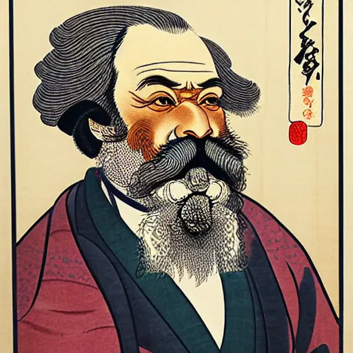 Image similar to beautiful portrait ukiyo - e painting of karl marx by kano hideyori, kano tan'yu, kaigetsudo ando, miyagawa choshun, okumura masanobu, kitagawa utamaro