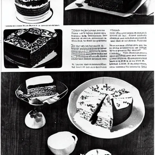 Prompt: photograph of fancy cake from 1970's cookbook
