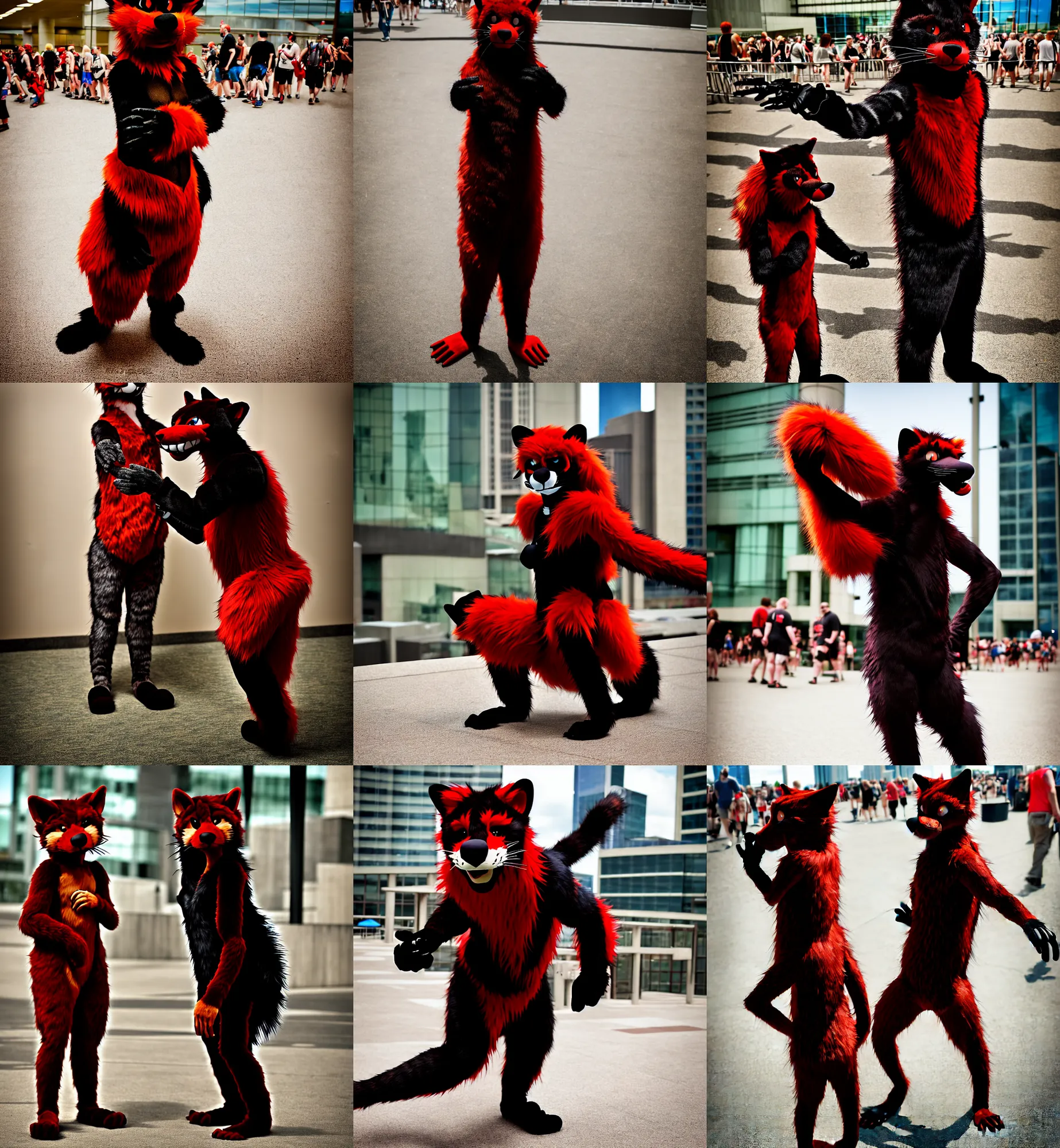 Image similar to fullbody photoshoot photo portrait of a roguish male red - black furred bipedal weasel furry fursona / fursuiter, photorealistic, taken at anthrocon ( furry convention )