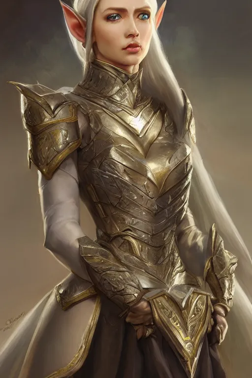 Prompt: standing queen elf profile view with white diamond headband and armor in golden and silver colors and a curve long sword, full body, detailed face, epic masterpiece of cinematographic hyperrealism, realistic shaded lighting poster by craig mallismo, artgerm, jeremy lipkin and michael garmash, unreal engine, radiant light, detailed and intricate environment, digital art, art station trends