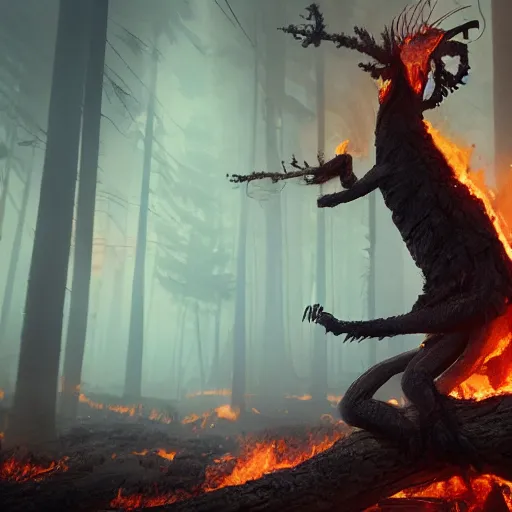 Prompt: dead forest, fire creature with scales, standing on a fallen tree, fire from mouth, breathing fire, by Greg Rutkowski, trending on artstation, unreal engine, 4k, high quality render, digital art