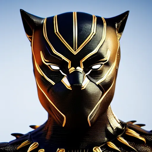 Prompt: a close up shot of a golden statue of black panther, detailed, 8K, epic, photorealistic,