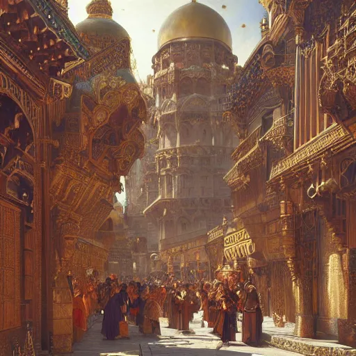 Prompt: orientalist medieval fantasy city with glittering copper domes and street paved with lapis and marble intricate artwork by john william waterhouse and Edwin Longsden Long and Theodore Ralli and Henryk Siemiradzki. trending on artstation, very coherent symmetrical artwork high detail 8k