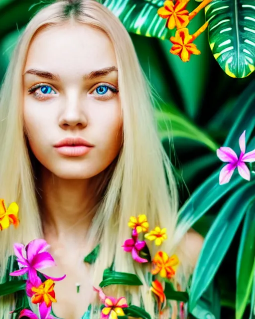 Image similar to an attractive girl is surrounded by colourful tropical flowers and plants, symmetric face and eyes, upper body face shot, long straight blonde hair, visible face