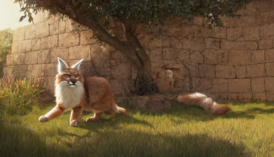 Image similar to wooden barrel on one side, fullbody photo of cute fluffy caracal in it, ancient greek city, sunny day, by ilya kuvshinov, rtx rendering, octane render 1 2 8 k, maya, extreme high intricate details by tom bagshaw, medium shot, close up shot, composition by sana takeda, lighting by greg rutkowski