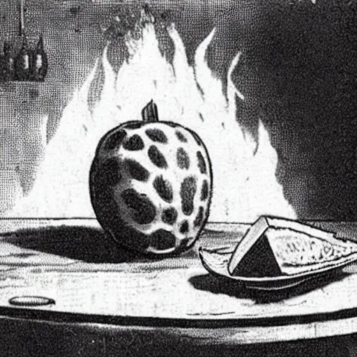 Prompt: a watermelon on fire in a bar, early 1 9 0 0 s newspaper