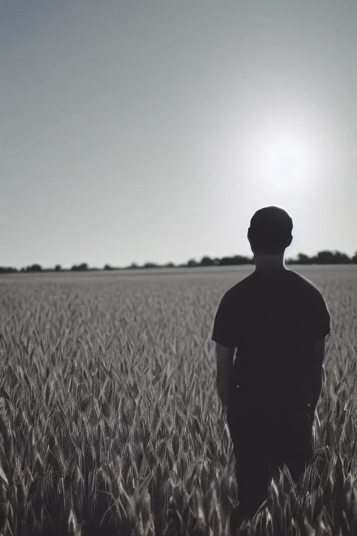 Image similar to agfa vista 4 0 0 photograph of a guy with intricate back tattoos standing in a wheat field, back view, lens flare, moody lighting, moody vibe, telephoto, 9 0 s vibe, blurry background, grain, tranquil, calm, faded!,