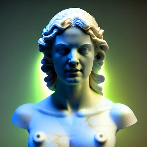 Prompt: sci - fi cgartist wide shot anaglyph ambient occlusion rendering of a hyper realistic marble greek statuary regal goddess glowing with embedded leds head product photo high key colored lighting, trending on artstation volumetric lighting