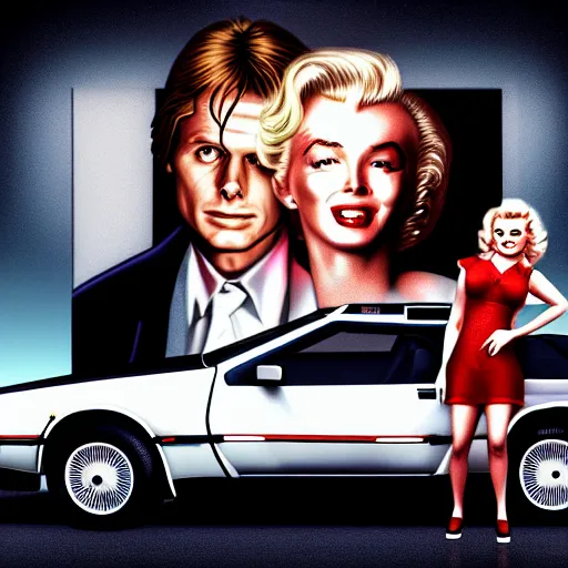 Image similar to portrait of marty mcfly and marilyn monroe next to a delorean dmc - 1 2, digital art, artstation, high detail, 4 k, sharp focus