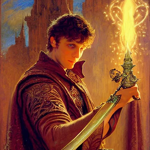 Image similar to handsome arthur pendragon in love with handsome merlin the mage. merlin is also in love with arthur. highly detailed painting by gaston bussiere, craig mullins, j. c. leyendecker