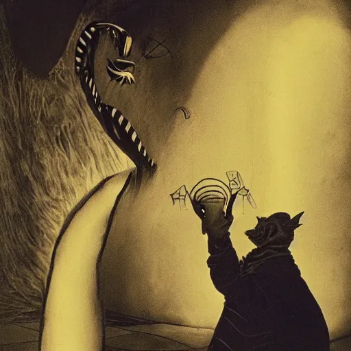 Prompt: Alice in Wonderland petting the head of the cheshire cat by Remedios Varo, dramatic lighting lighting