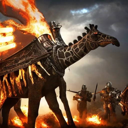 Image similar to a giant fire breathing giraffe wearing intricate battle armor attacking an army of knights, dramatic lighting, highly detailed, photorealistic, cinematic, octane render