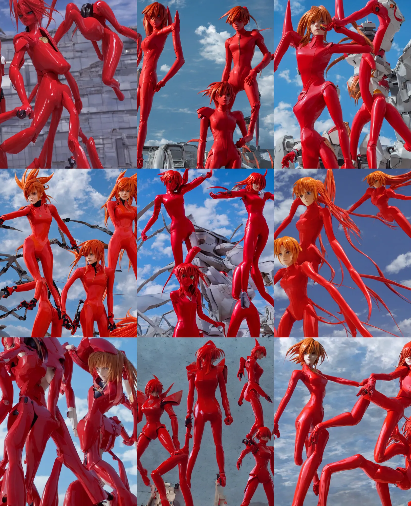 Prompt: Emma Watson cosplaying as Asuka Langley in her signature red plugsuit in front of NERV and EVA-02, centerpiece, cinematic 4K blu-ray render, japanese live-action movie