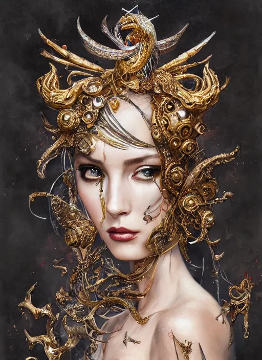 Image similar to expressive photo of sophia lauren, ornate headpiece made from metals, hyper maximalist, elegant, body horror, by karol bak nd yoshitaka amano and greg rutkowski and jeremyg lipkinng and artgerm, photorealistic, fashion photography, hyperrealistic, photography