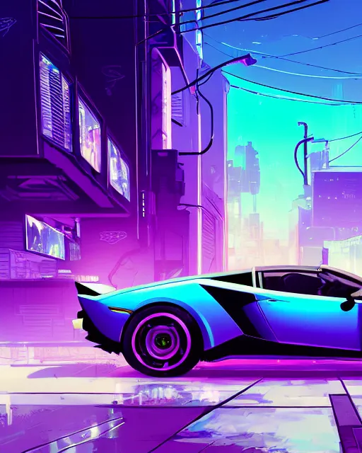 Image similar to digital illustration of cyberpunk pretty girl with blue hair, looking at a purple lamborghini, in junkyard at night, by makoto shinkai, ilya kuvshinov, lois van baarle, rossdraws, basquiat