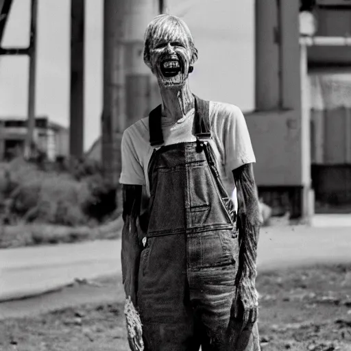 Image similar to far view, extremely skinny malnourished donald trump, wearing dirty overalls, dirty greasy face, grin, portrait, close up, kodak gold 2 0 0, 5 0 mm,