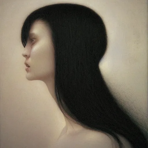 Prompt: portrait of female teen with pale white skin and short black hairs, by Beksinski