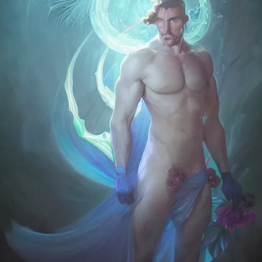 Image similar to bioluminescence portrait of a male wizard of the flowers, muscle, D&D, fantasy, elegant, pale, highly dvetailed, digital painting, artstation, concept art, smooth, sharp focus, illustration, art by artgerm and greg rutkowski and alphonse mucha