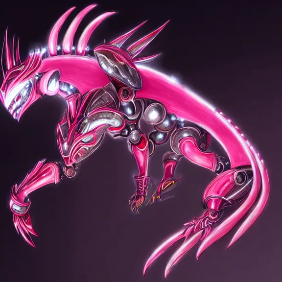 Image similar to highly detailed exquisite fanart, of a beautiful female warframe, but as an anthropomorphic elegant robot female dragon, shiny and smooth off-white plated armor engraved, robot dragon head with glowing eyes, Fuchsia skin beneath the armor, sharp claws, long sleek tail behind, robot dragon hands and feet, standing elegant pose, close-up shot, full body shot, epic cinematic shot, professional digital art, high end digital art, singular, realistic, DeviantArt, artstation, Furaffinity, 8k HD render, epic lighting, depth of field