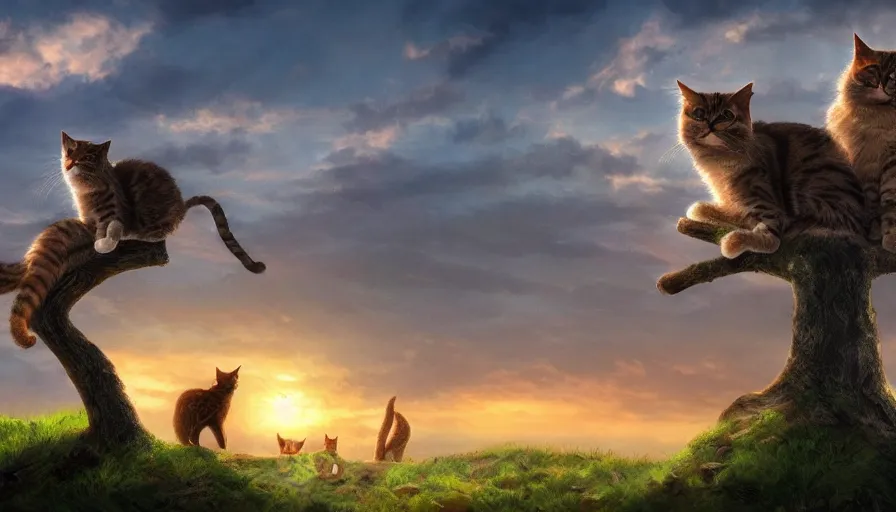 Prompt: lot of cats on a tree, green hills background, matte painting, artstation, sunrise, blue sky, art by caspar finch