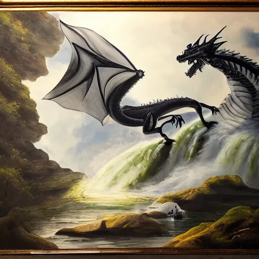 Image similar to oil painting of a dragon flying in the air near a cave with a waterfall in the center, light emanating from the waterfall leading to a big pool of water, dragon has black and white siberian tiger stripes, elegant, sharp focus, wide shot, clear, detailed, early renaissance