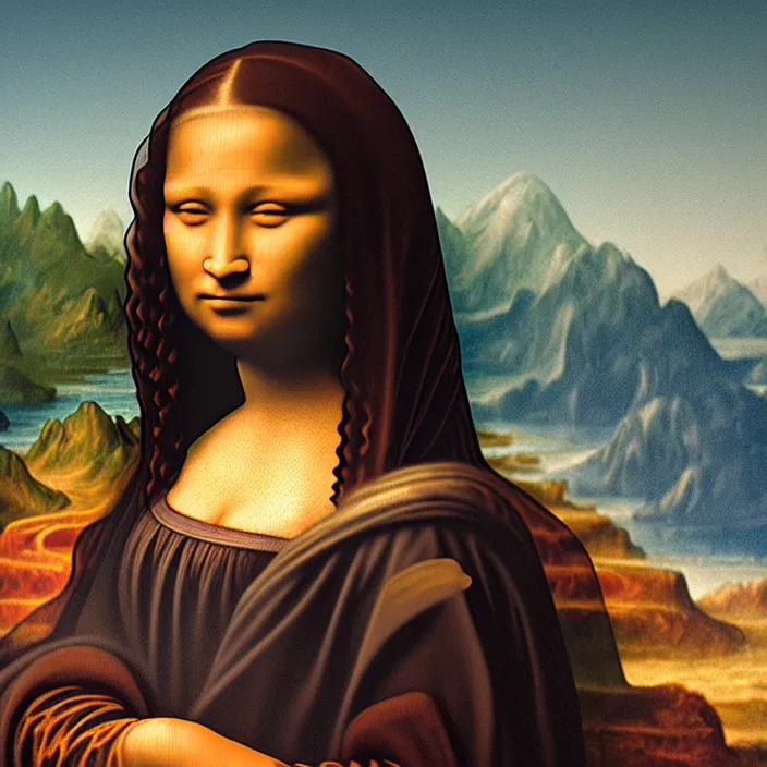 Image similar to an Afro American girl as Mona Lisa by Elizabeth Catlett. details, smooth, sharp focus, illustration, realistic, cinematic, artstation, award winning, rgb , unreal engine, octane render, cinematic light, macro, depth of field, blur, red light and clouds from the back, highly detailed epic cinematic concept art CG render made in Maya, Blender and Photoshop, octane render, excellent composition, dynamic dramatic cinematic lighting, aesthetic, very inspirational, arthouse.