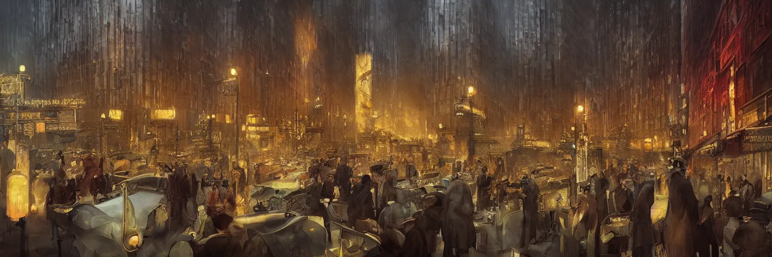 Image similar to Babylon Berlin. Night. Crowded Art deco restaurant. Berlin, late golden 1920s. Gropius. Metropolis. Mist. Highly detailed. Hyper-realistic. Cheerful. Merry mood. Warm colors. Dynamic composition. Matte painting in the style of Eddie Mendoza, Craig Mullins