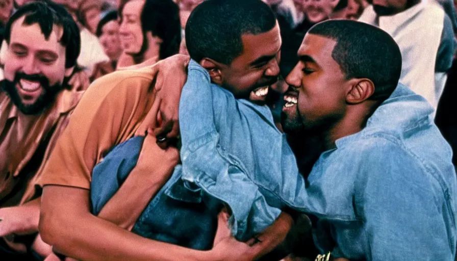 Prompt: 7 0 s film still of kanye west lovingly embracing pete davidson, kodachrome, cinecolor, cinematic, photorealism, wide angle,