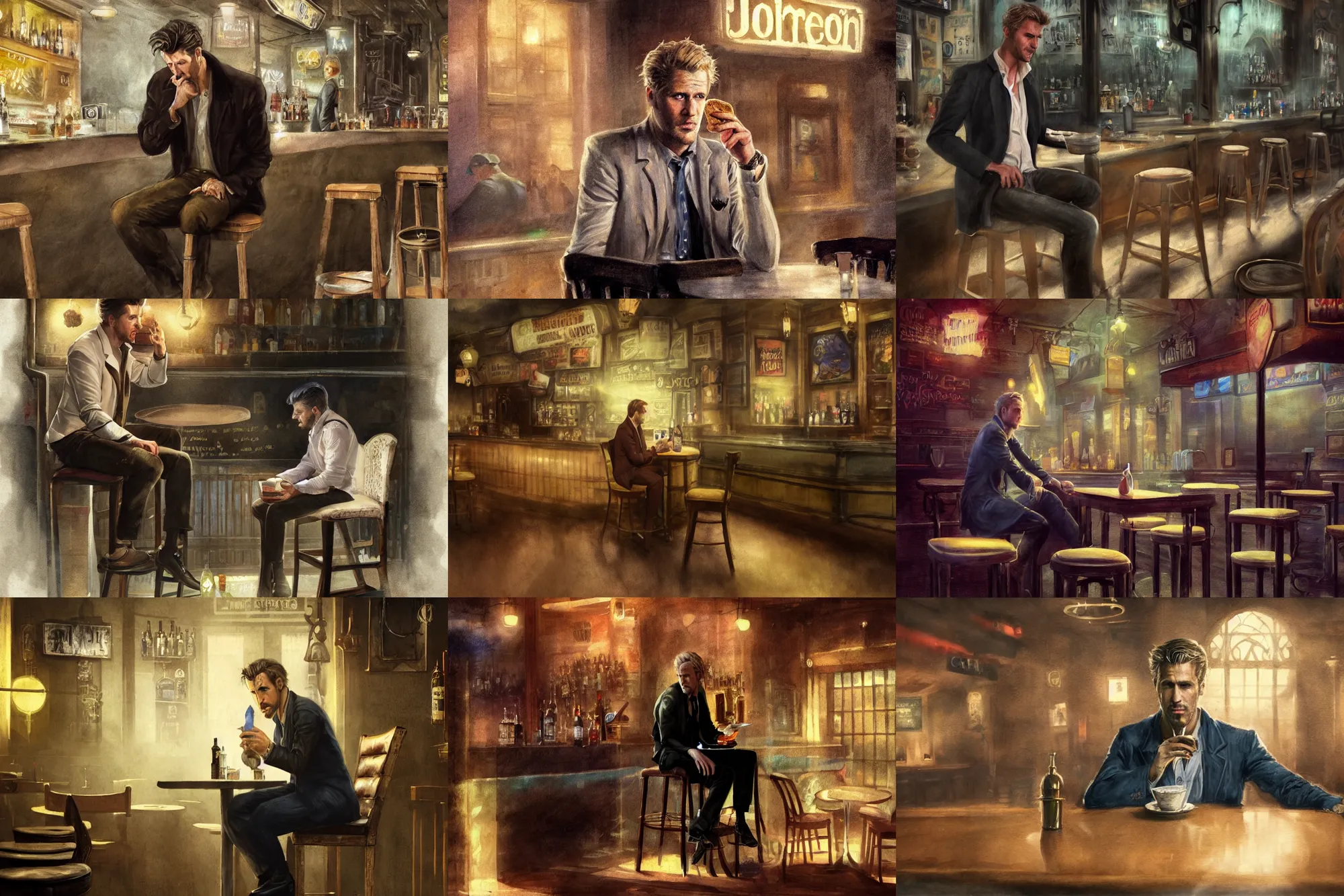 Prompt: matte painting character illustration of john constantine sitting down on a barstool at a dive bar in london eating a sandwich, digital painting, illustration, constantine, john singer sargent, amazing values, 8 k, magical creatures in the background, watercolor texture, gothic, octane render,