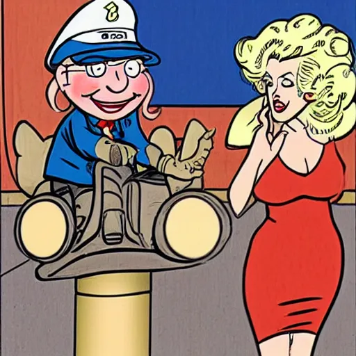 Image similar to beetle bailey hanging out with marilyn monroe in the style of mort walker