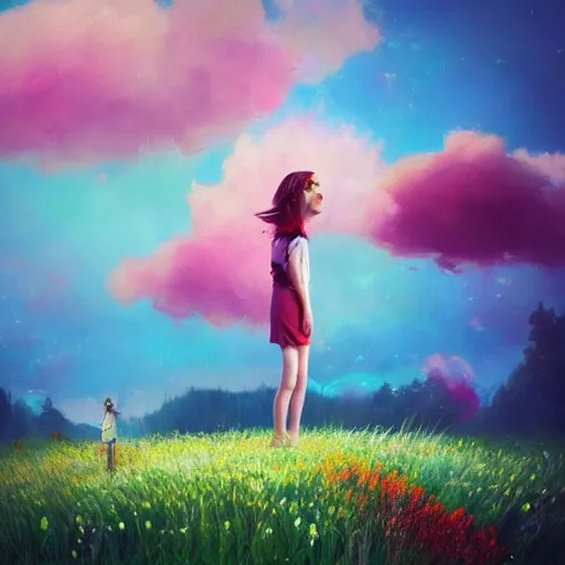 Image similar to girl with an blooming flower for a face, surreal photography, dream, standing in flower field, magical, in a valley, sunrise dramatic light, impressionist painting, colorful clouds, artstation, simon stalenhag, exploding flower face