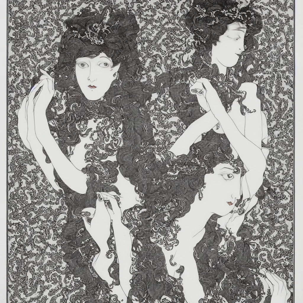 Prompt: , 4k, highly detailed, sharp focus, lithography by Aubrey Beardsley, Symmetrical portrait of a beautiful woman with snakes in her hair.