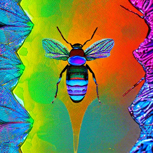 Prompt: gigapixel resolution abstract artwork made of hundreds of colorful transparent insect wings made of crytals, bismuth and other interesting rainbow coloured gems ornated copper or silver. color grading, super - resolution microscopy, spectral color, chroma, complimentary - colors, polychromatic - colors