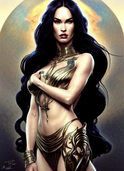 Image similar to megan fox as the goddess of chaos!! intricate elegant, highly detailed, digital painting, artstation, concept art, smooth, sharp focus, illustration, art by ( ( ( artgerm ) ) ) and greg rutkowski! and ( ( alphonse mucha ) ), heavily influenced by frank frazetta and boris vallejo