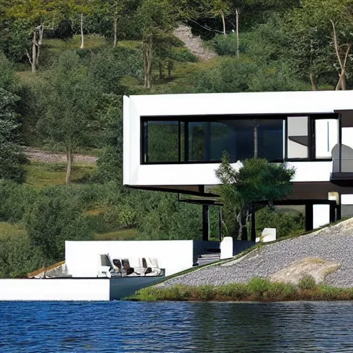 Prompt: Modern luxury lakeside house, by Escher