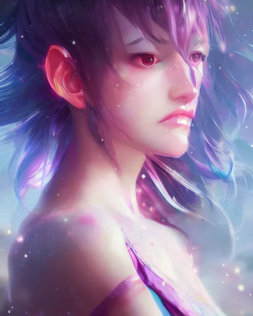 Image similar to portrait of cute girl, beautiful, fantasy, colorful, cinematic lighting, artstation, trending, highly detailed, focus, smooth, by hirohiko araki and yoshitaka amano