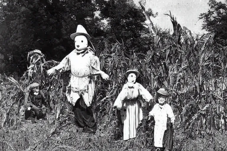 Image similar to disturbing scarecrow from the early 1 9 0 0's leading children into the cornfields