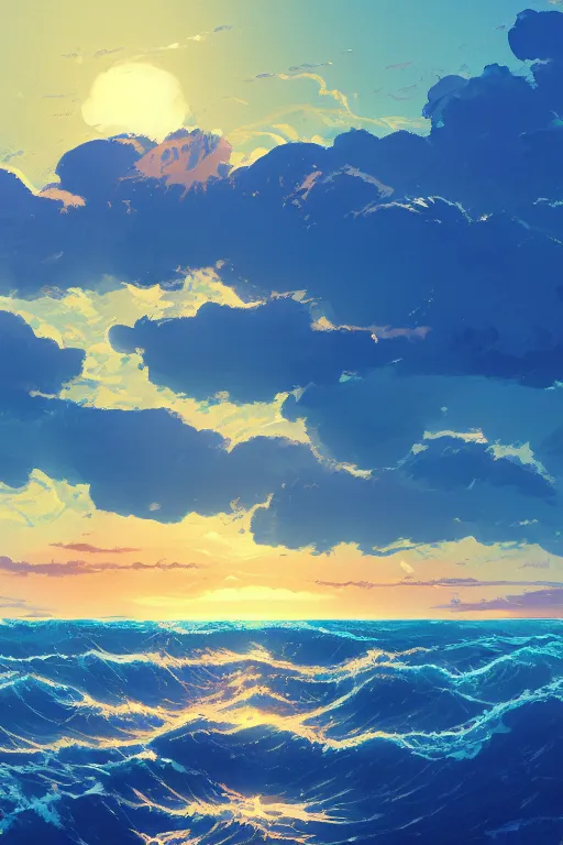 Image similar to a beautiful illustration of the ocean at sunrise by Makoto Shinkai