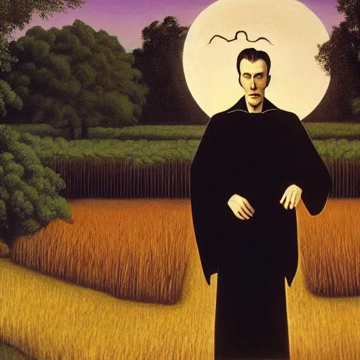 Image similar to grant wood's painting of dracula on the porch of a southern plantation at dusk, proudly gazing out on his cotton fields with the moon rising above. he is pale, with black hair and a black and red cape.