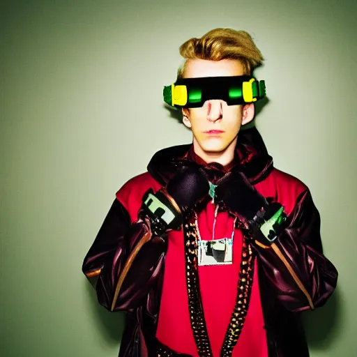 Image similar to kodak portra 4 0 0 photograph of a cybergoth guy wearing goggles and eclectic jewelry, moody lighting, telephoto, 9 0 s vibe, blurred background