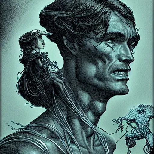 Image similar to medium portrait soft light, by killian eng and joe fenton and bernie wrightson, inspired by john carter of mars, etching, fine, sharp high detail,