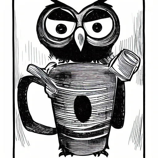 Image similar to black and white comic of a line drawn humanoid owl holding a mug