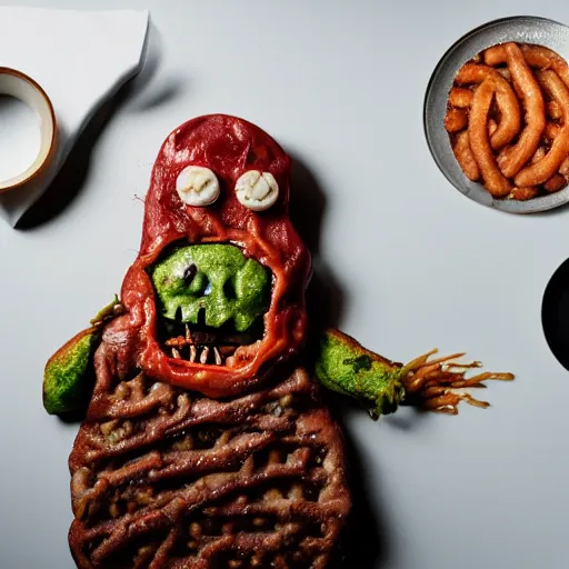 Image similar to a humanoid bipedal upright zombie that strongly resembles a hamburger, professional food photography