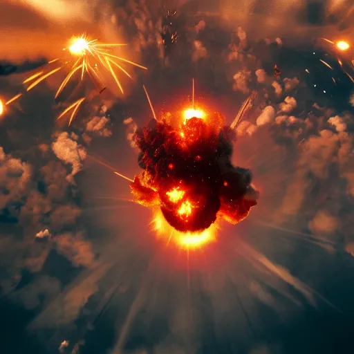 Image similar to centered action photography shot of extremely detailed hyper realistic thermonuclear bomb explosion in a city, professional film photography, 8 k, cinematic framing, cinematic lighting