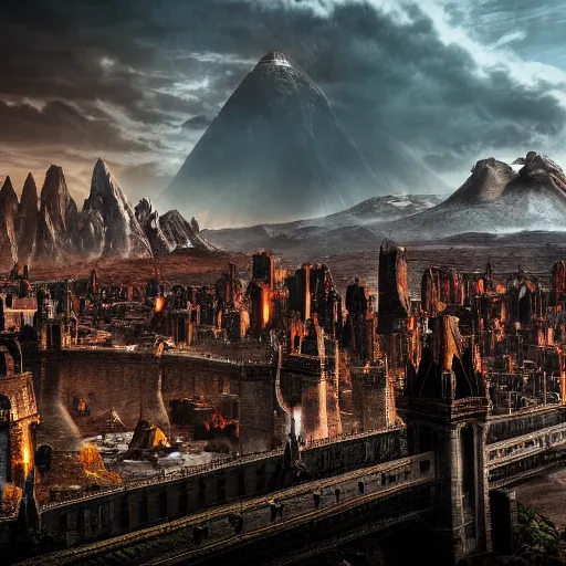 Image similar to mordor as a bustling city, highly detailed, sharp focus, skyline, vast, gothic, lord of the rings, mount doom, 4 k, fantasy