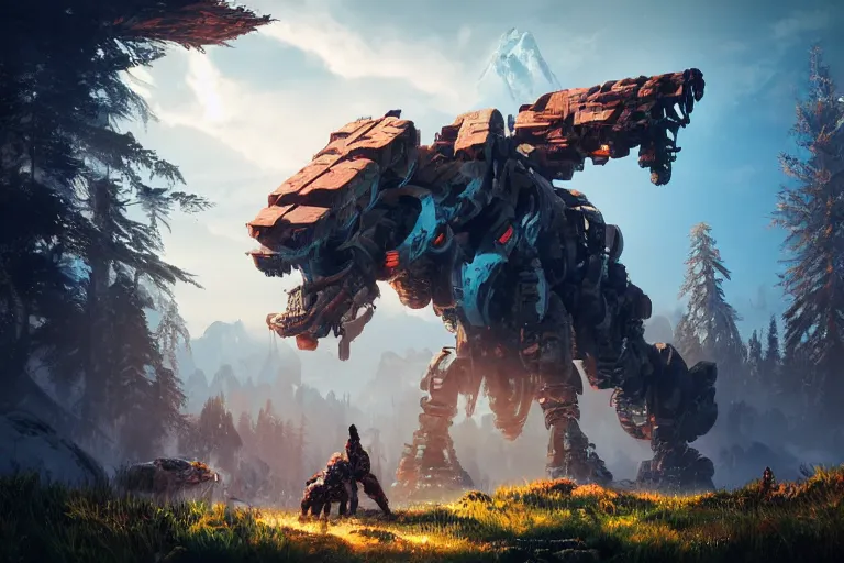 Prompt: tremortusk machine mecanical creature robot of horizon forbidden west horizon zero dawn radiating a glowing aura global illumination ray tracing hdr fanart arstation by ian pesty and alena aenami artworks in 4 k